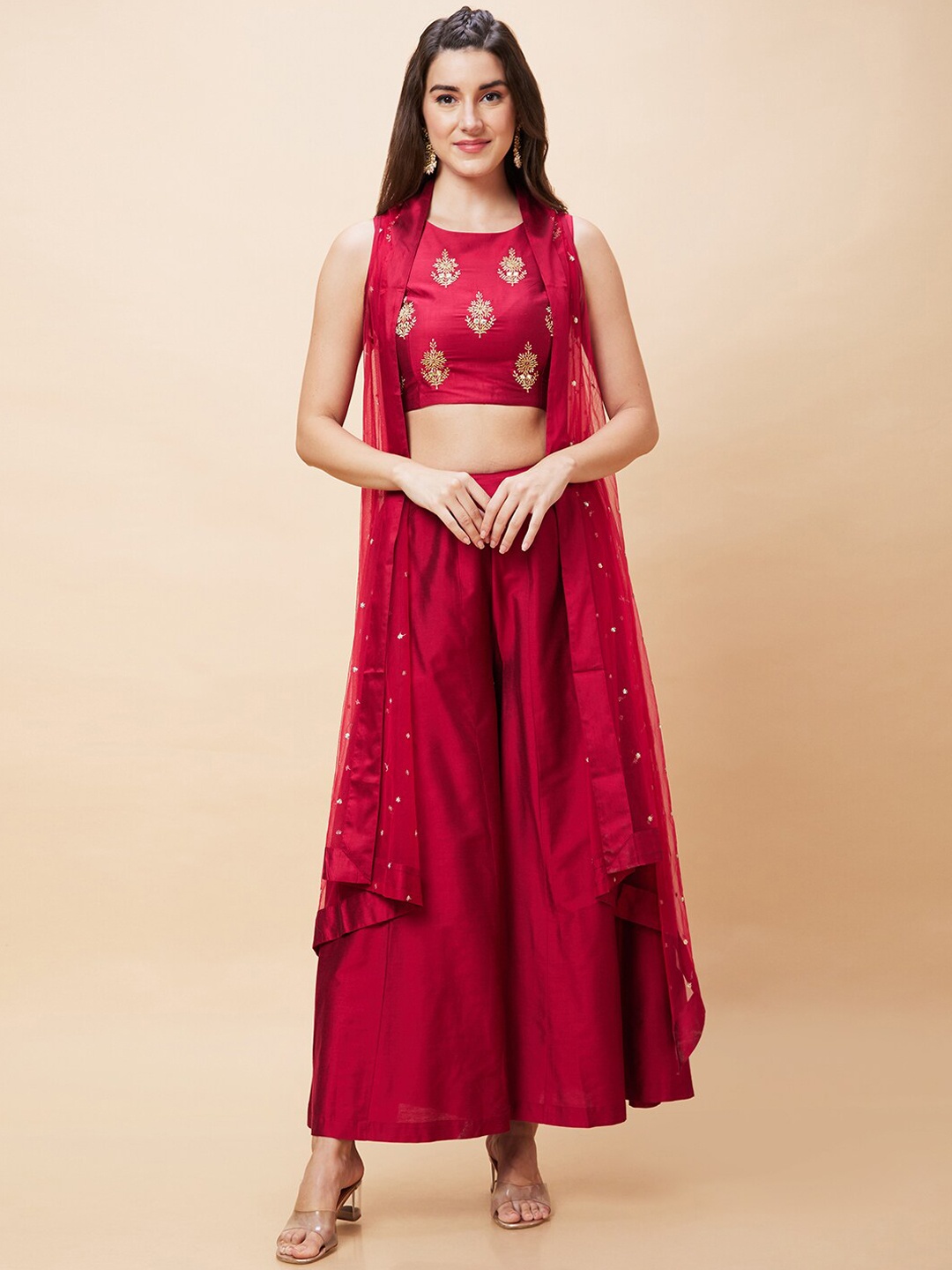 

Globus Embroidered Ethnic Crop Top With Longline Shrug & Palazzos, Red