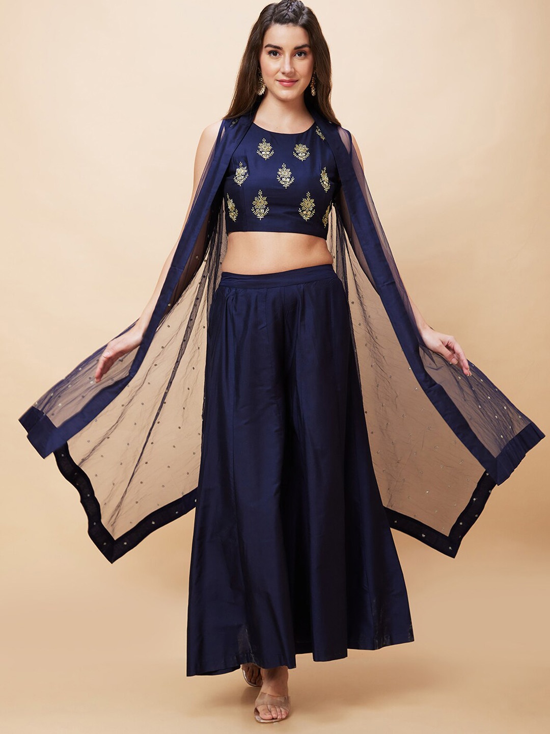 

Globus Embroidered Ethnic Crop Top With Longline Shrug & Palazzos, Navy blue