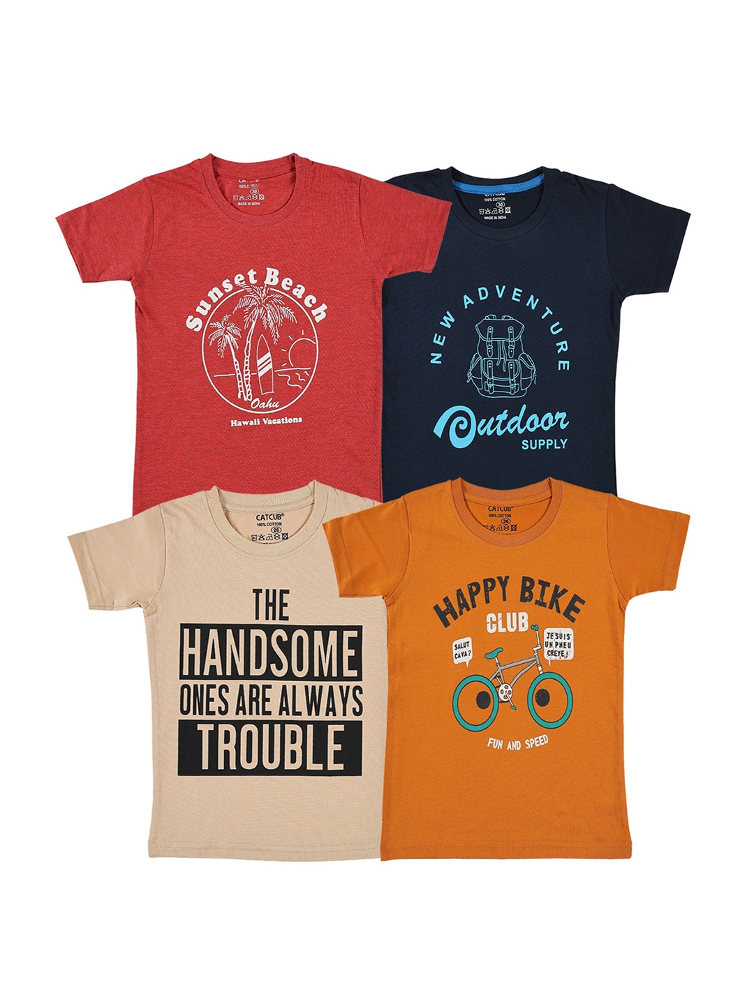 

CATCUB Boys Pack of 4 Typography Printed T-shirt, Red