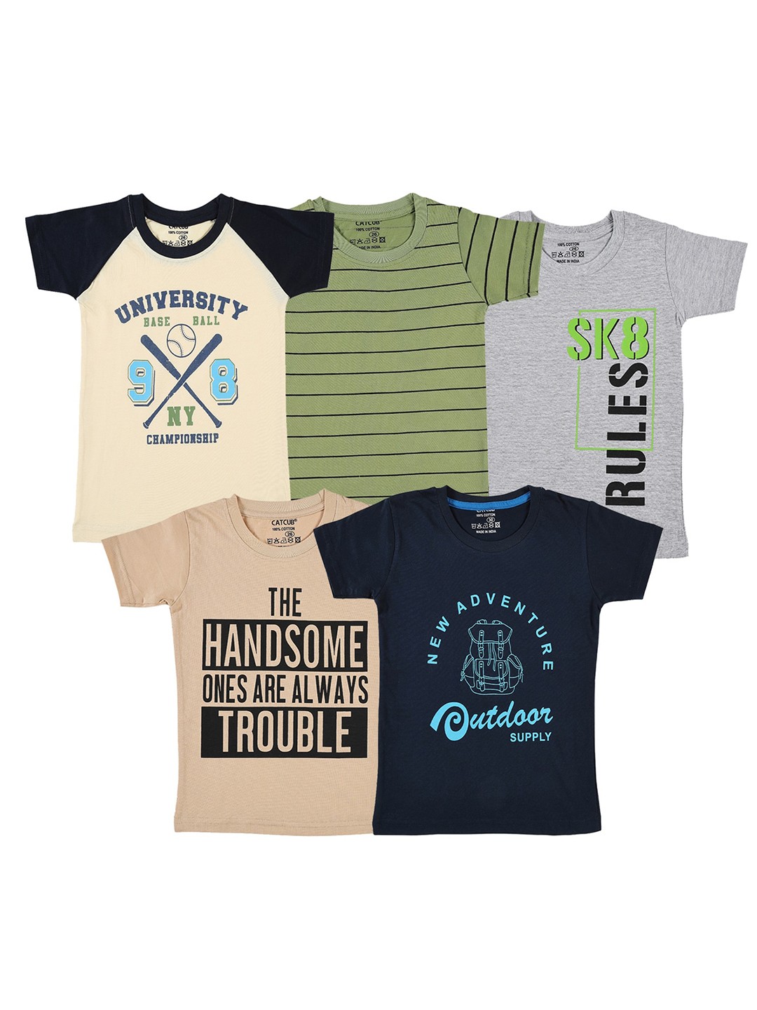

CATCUB Boys Pack Of 5 Printed Cotton T-Shirt, Navy blue