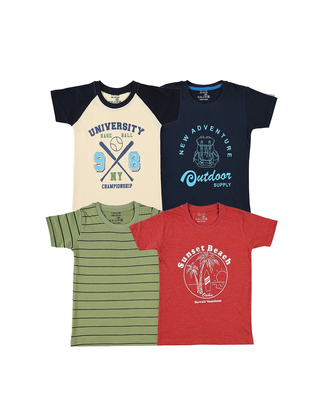 

CATCUB Boys Pack of 4 Typography Printed Cotton T-shirt, Black
