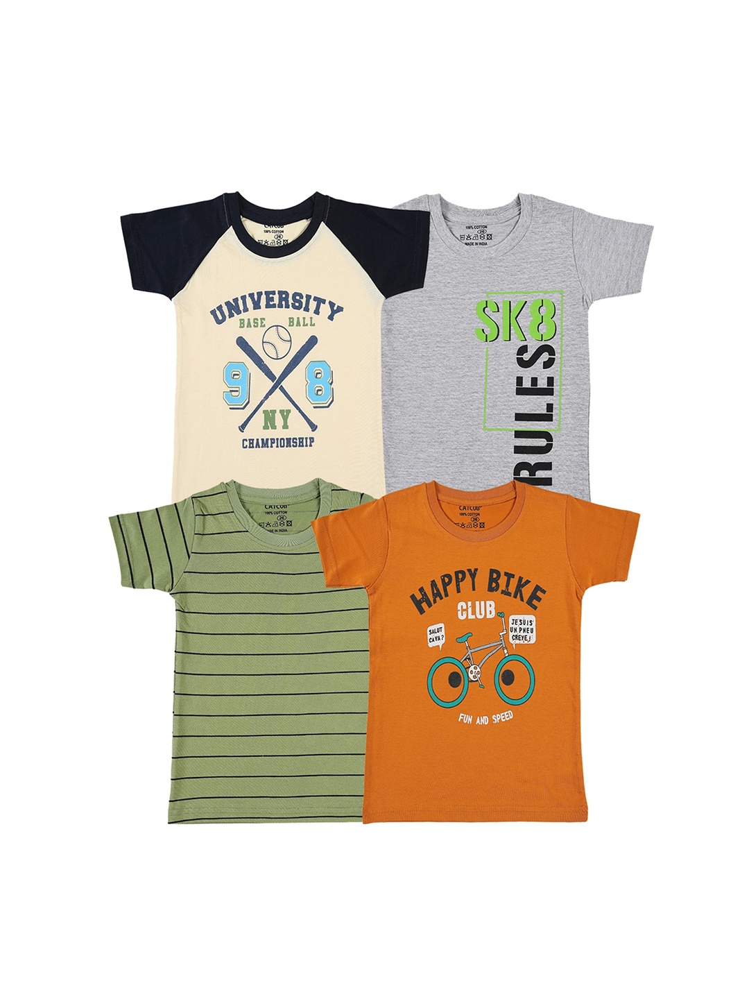 

CATCUB Boys Pack Of 4 Typography Printed Pure Cotton T-shirts, Beige