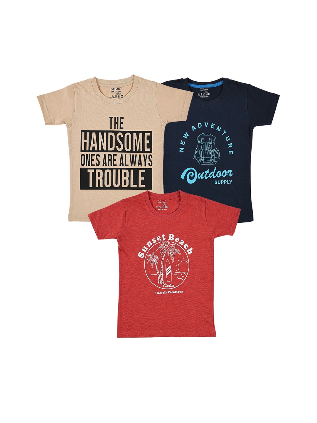 

CATCUB Boys Pack Of 3 Printed Cotton T-Shirt, Red