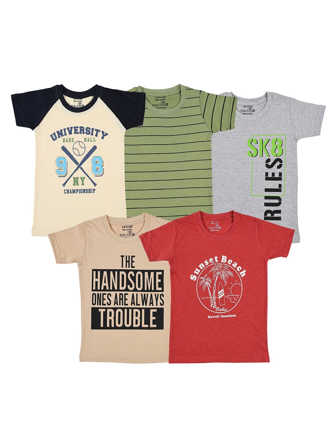 CATCUB Boys Pack Of 5 Printed Cotton T-Shirt, Green