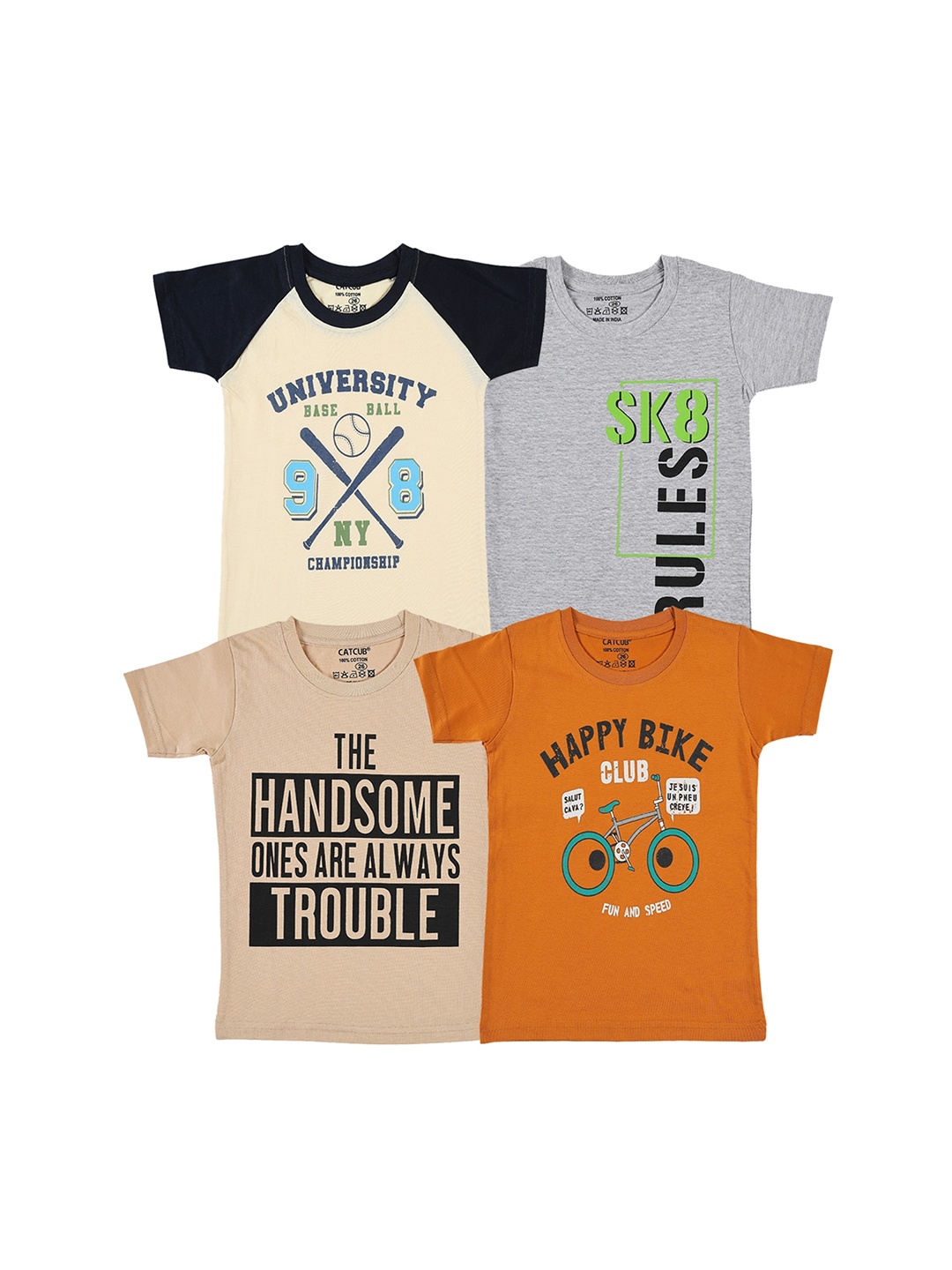 

CATCUB Boys Pack Of 4 Typography Printed Pure Cotton T-shirts, Grey