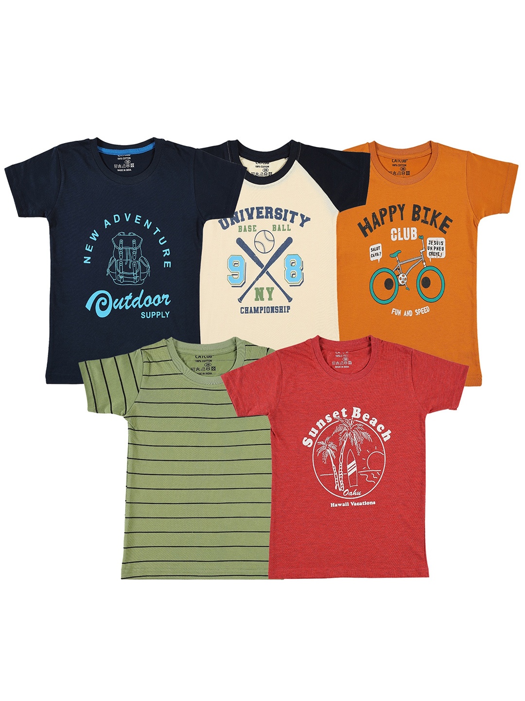 CATCUB Boys Pack of 5 Typography Printed T-shirt, Navy blue