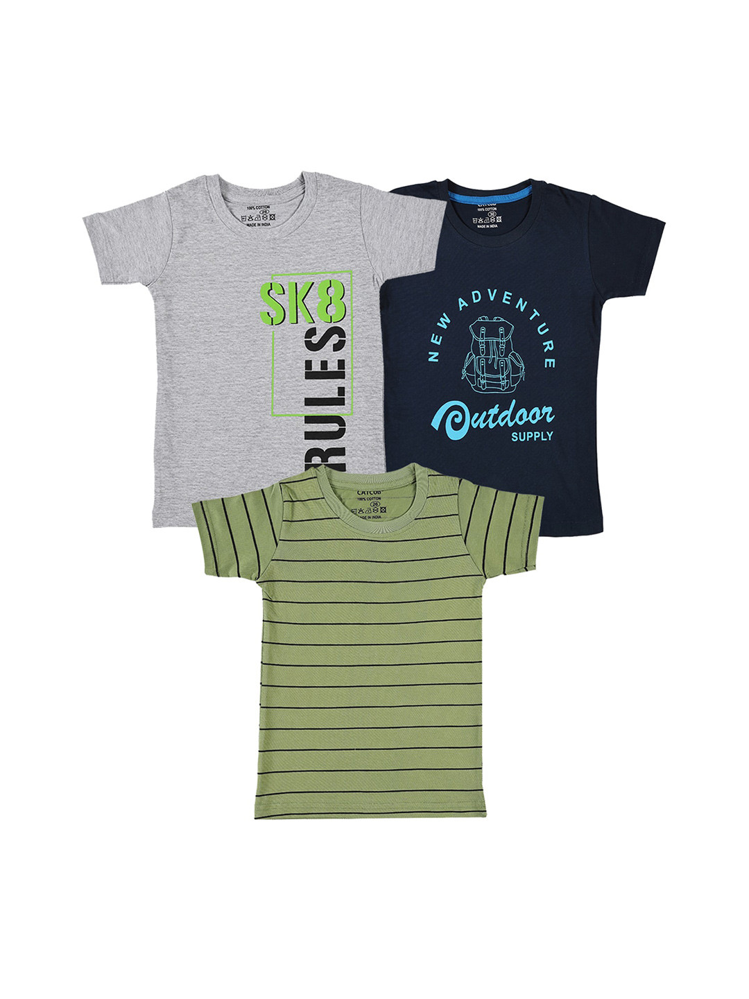 

CATCUB Boys Pack Of 3 Printed Cotton T-shirt, Grey