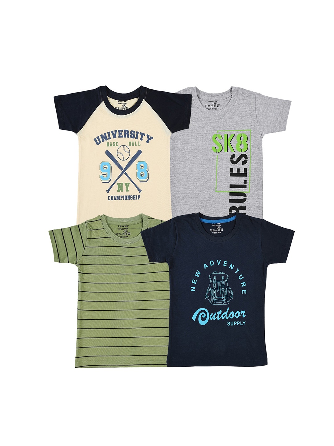 

CATCUB Boys Pack Of 4 Typography Printed Pure Cotton T-shirts, Beige