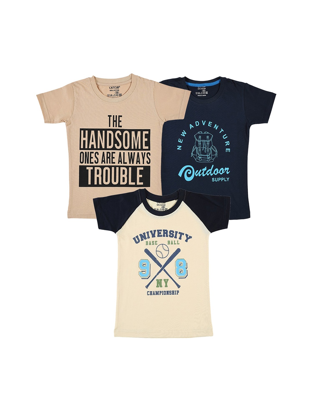 

CATCUB Boys Pack Of 3 Printed Cotton T-Shirt, Navy blue