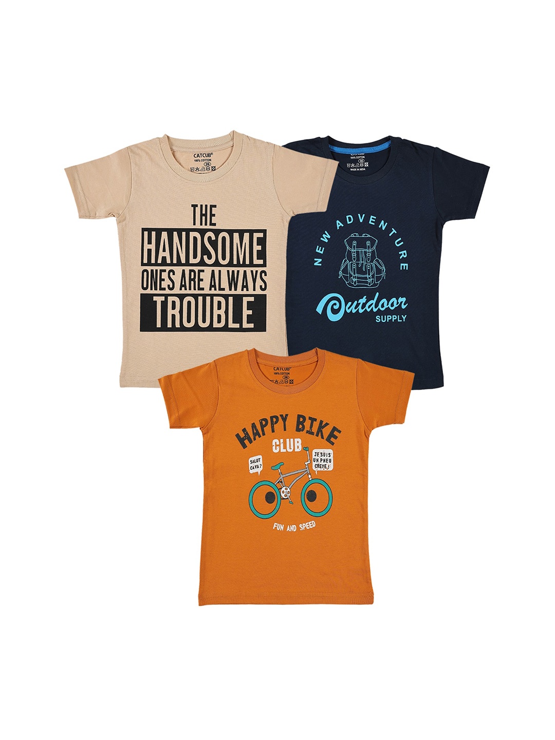 CATCUB Boys Pack Of 3 Printed Cotton T-shirt, Navy blue
