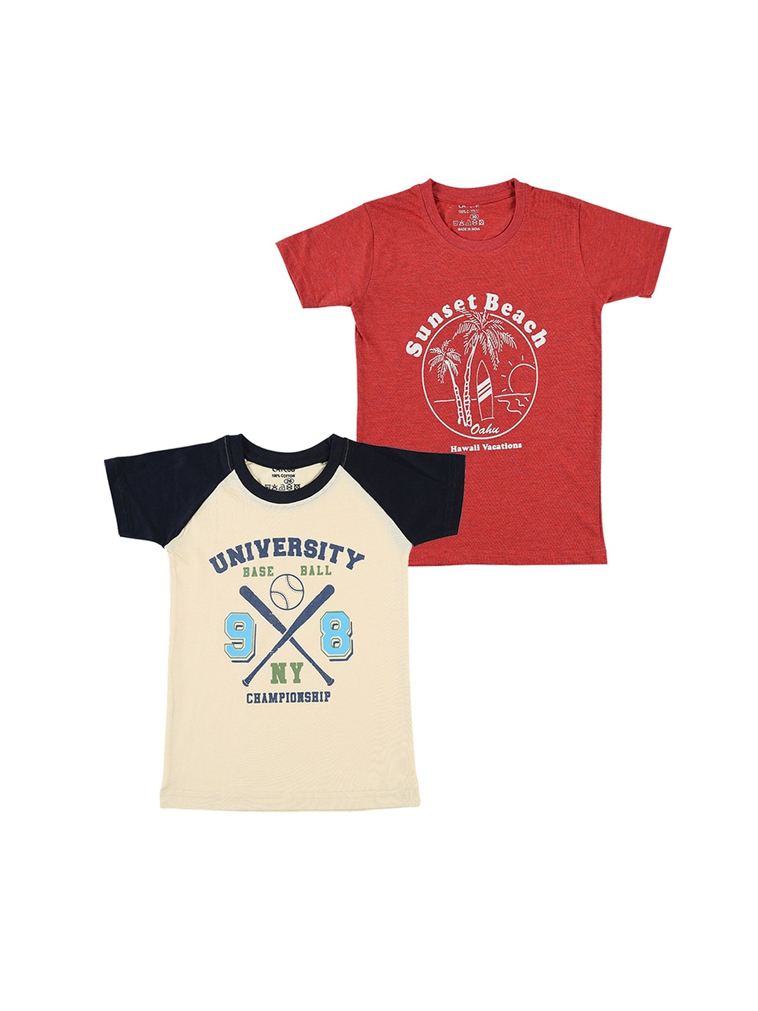 

CATCUB Boys Pack Of 2 Typography Printed Pure Cotton T-shirts, Beige