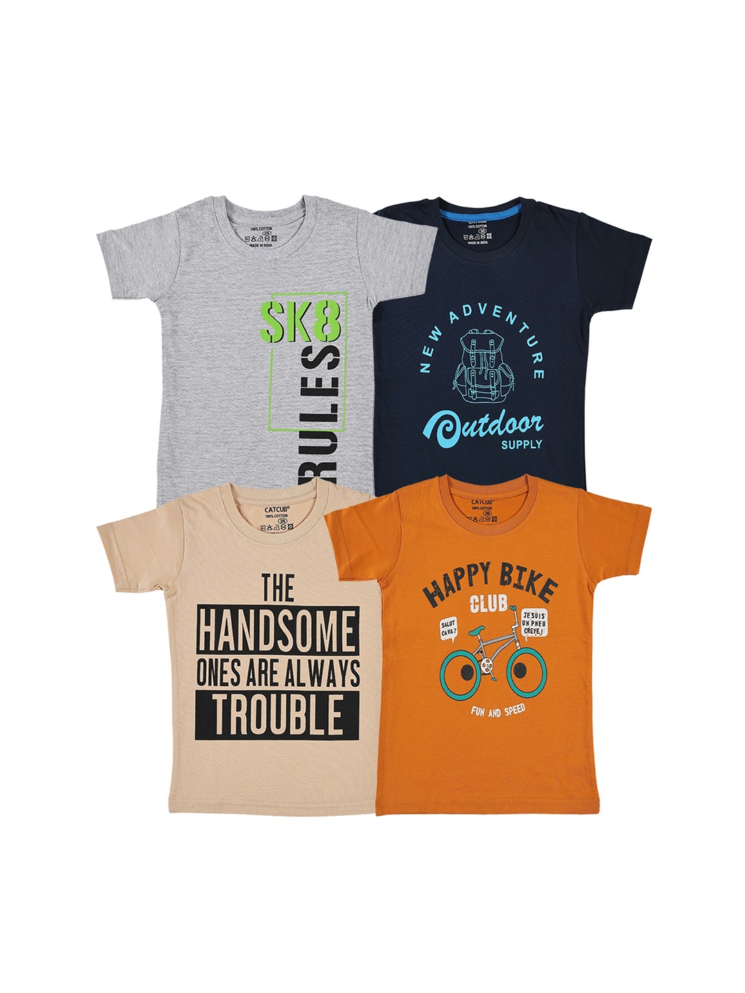 

CATCUB Boys Pack Of 4 Printed Cotton T-shirt, Grey