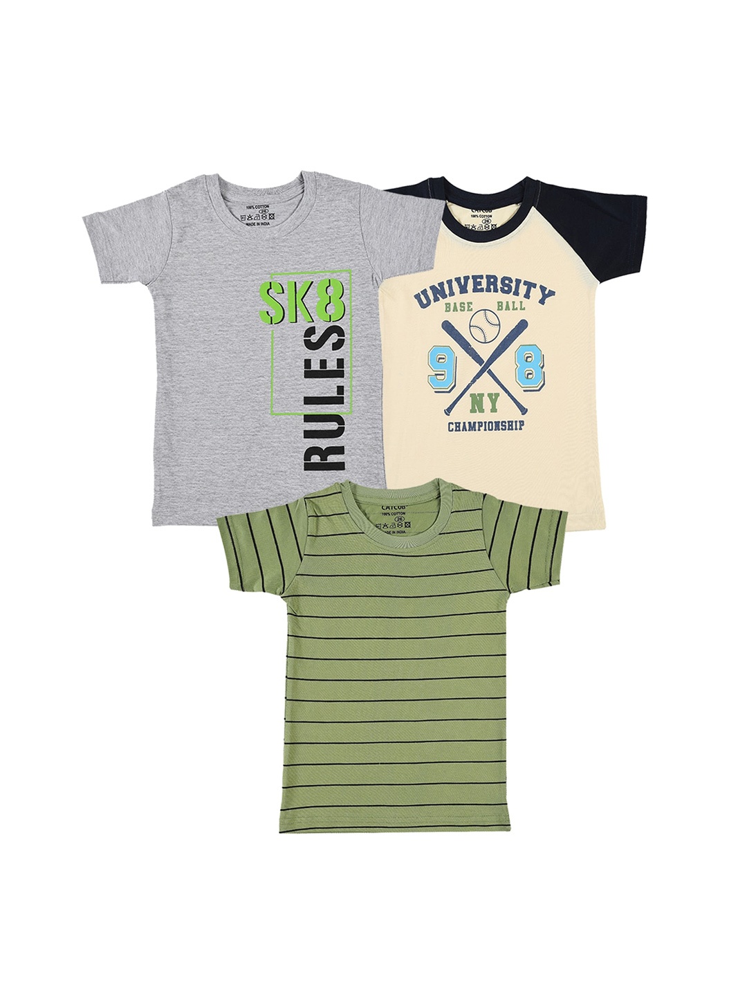 CATCUB Boys Pack Of 3 Printed Pure Cotton T-shirts, Grey