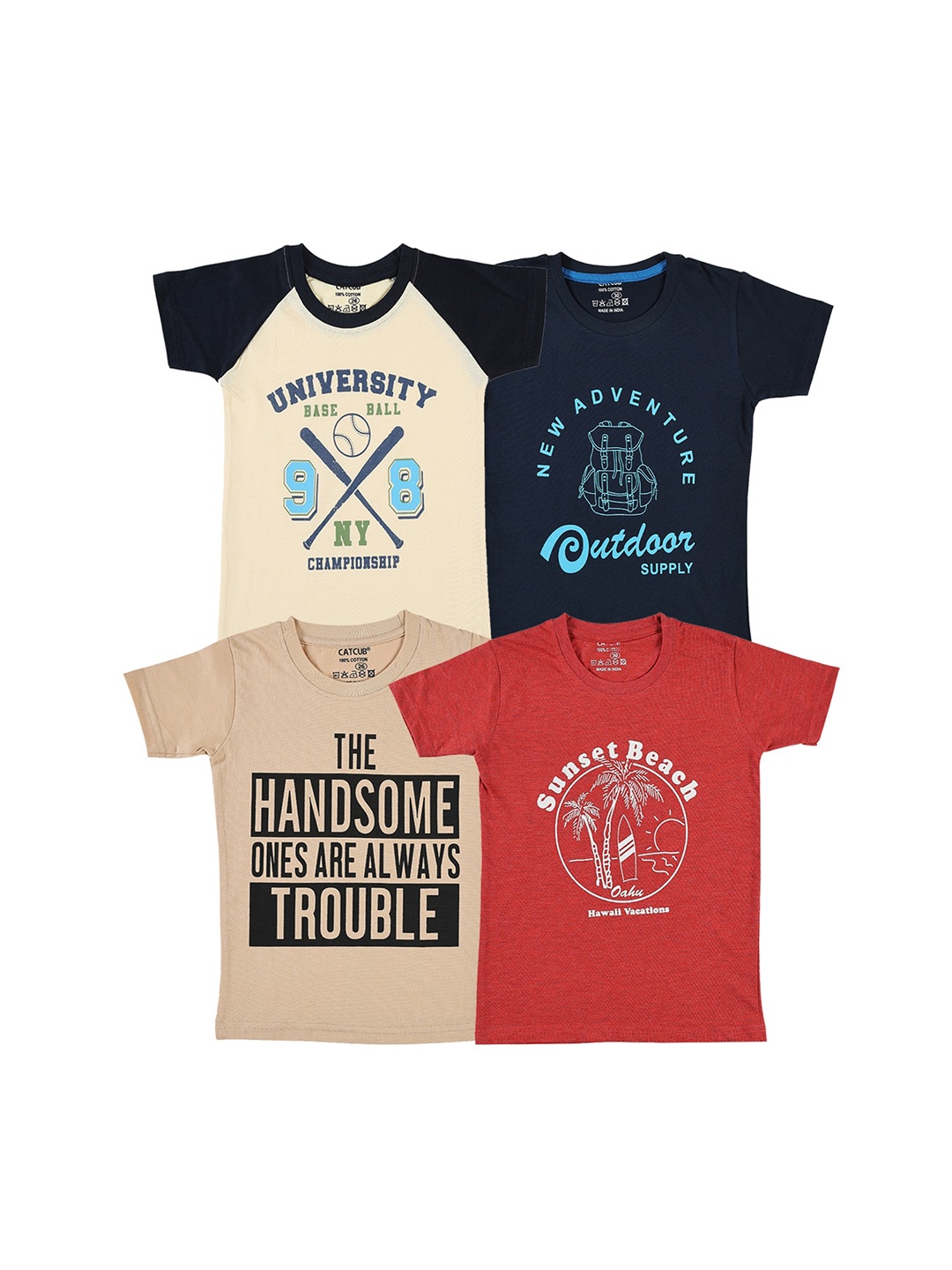 

CATCUB Boys Pack Of 4 Printed Cotton T-shirt, Beige