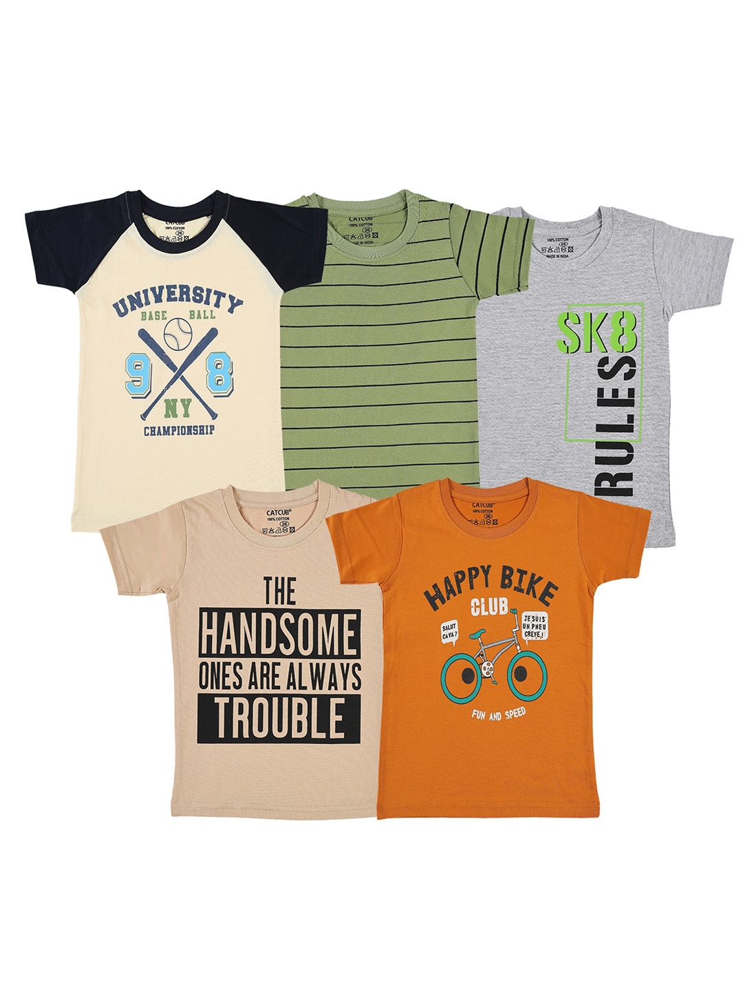 CATCUB Boys Pack Of 5 Printed Cotton T-shirt, Cream