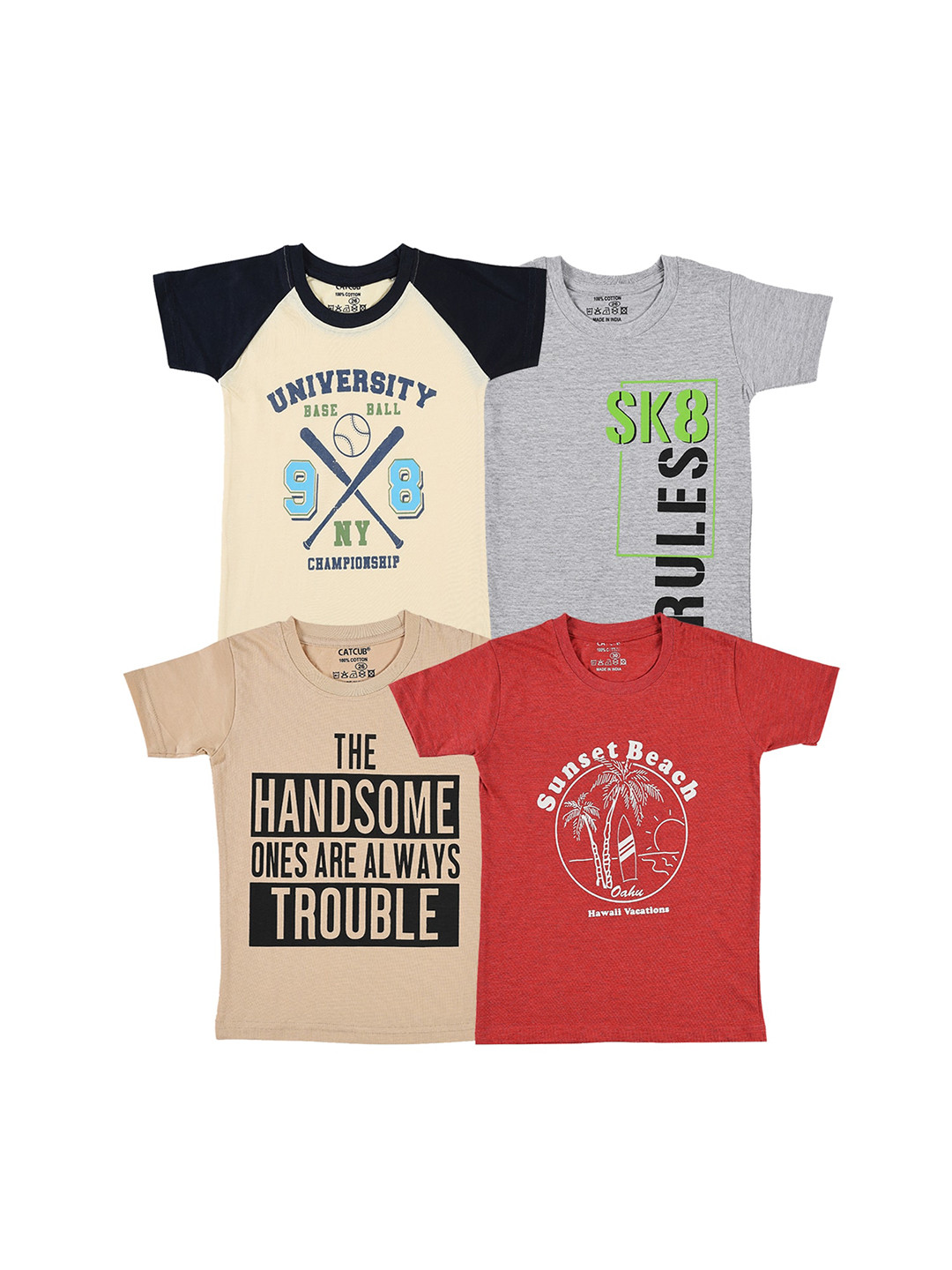 

CATCUB Boys Pack Of 4 Printed Cotton T-shirt, Grey