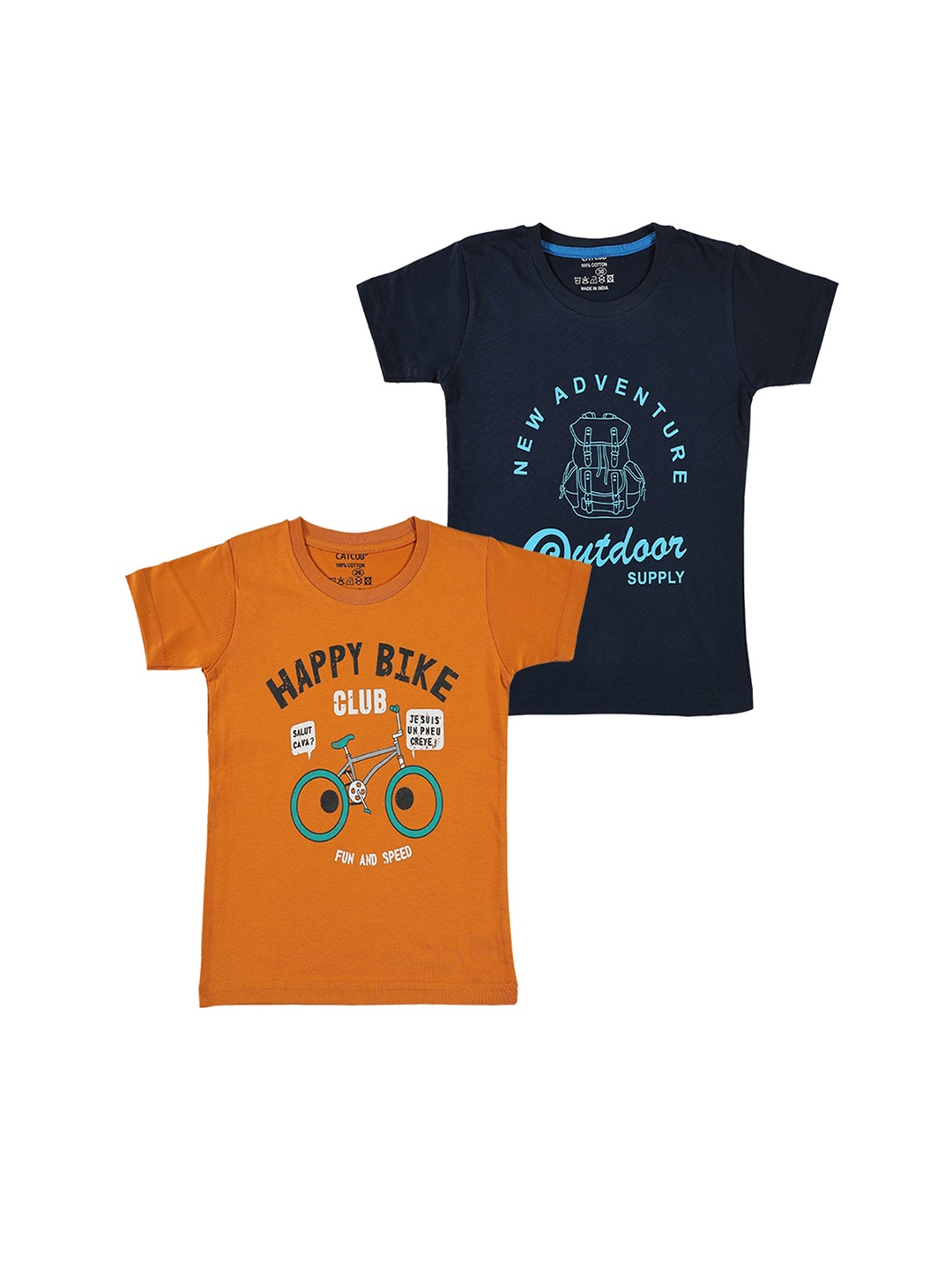 

CATCUB Boys Pack Of 2 Typography Printed Pure Cotton T-shirts, Mustard