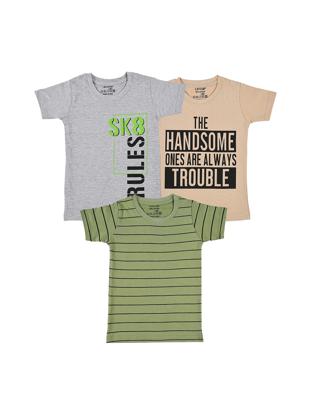 CATCUB Boys Pack Of 3 Printed Cotton T-Shirt, Grey
