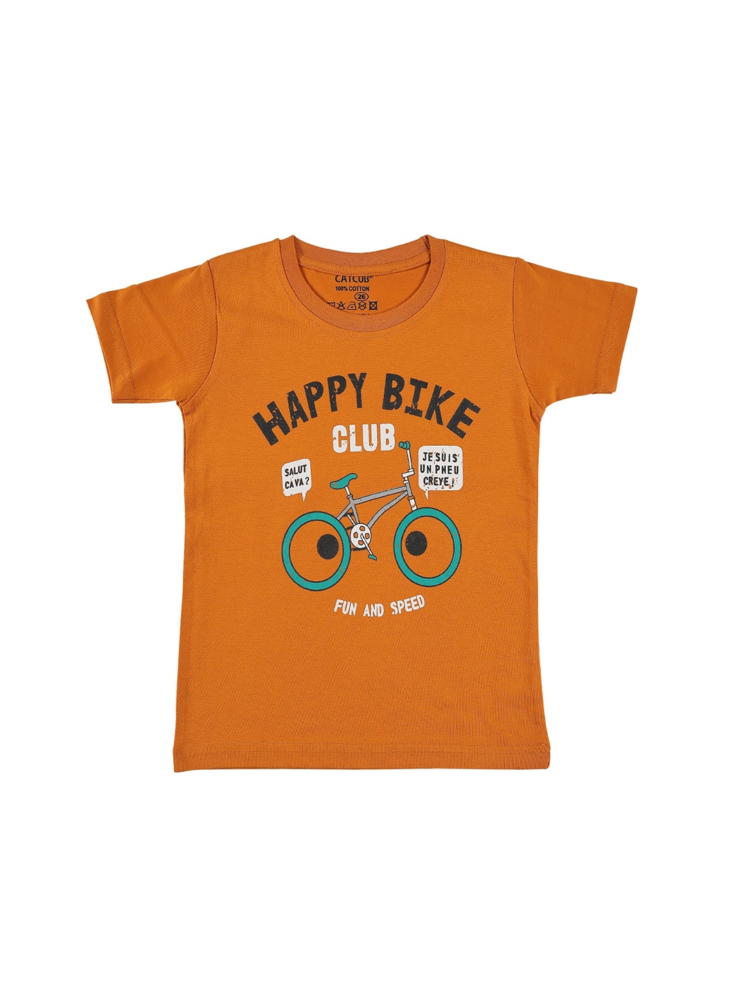 CATCUB Boys Typography Printed Pure Cotton T-shirt, Orange