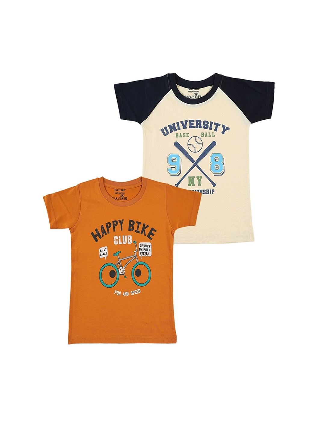 CATCUB Boys Pack Of 2 Typography Printed Pure Cotton T-shirts, Beige