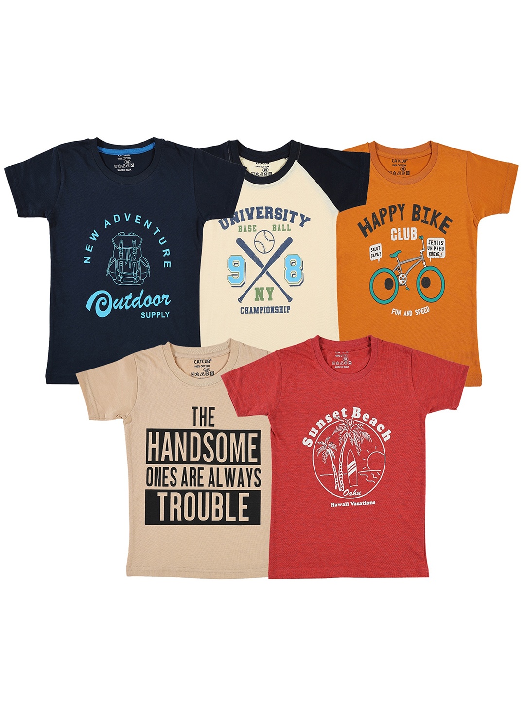 CATCUB Boys Pack Of 5 Printed Cotton T-Shirt, Navy blue