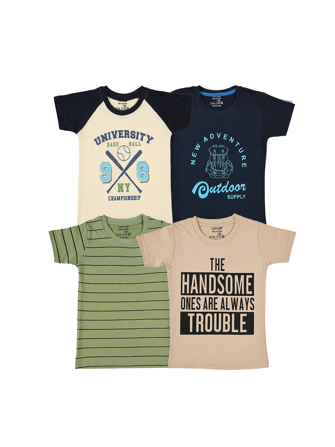 

CATCUB Boys Pack Of 4 Printed Cotton T-Shirt, Navy blue
