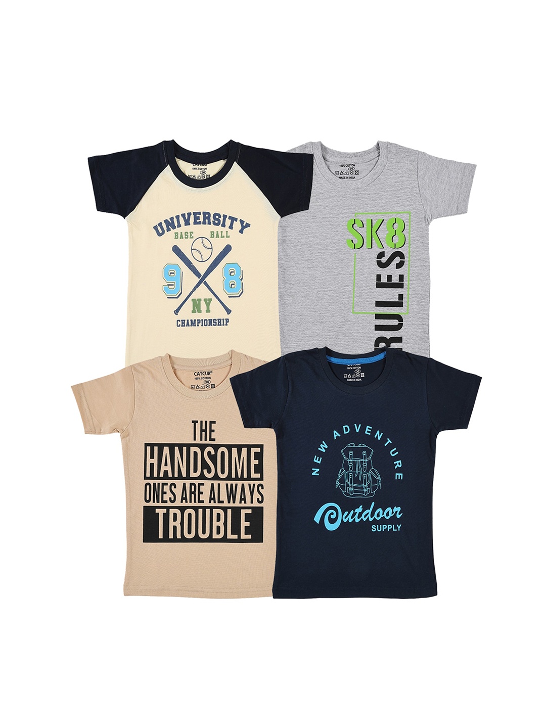 CATCUB Boys Pack Of 4 Printed Pure Cotton T-shirts, Beige