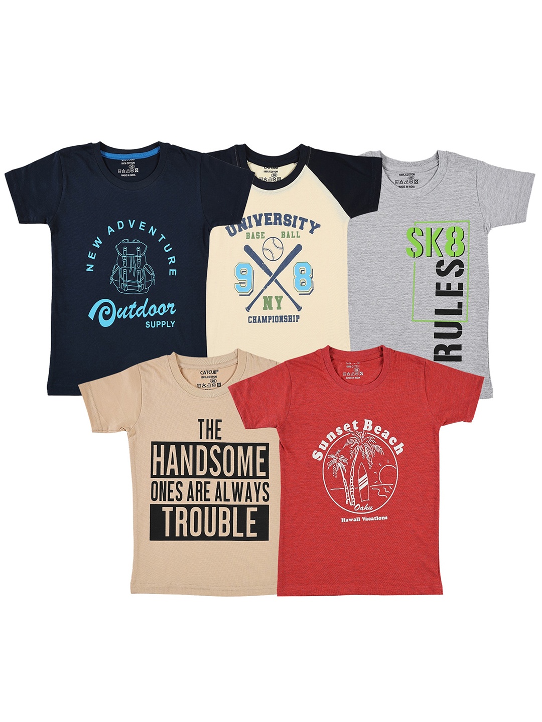 CATCUB Boys Pack Of 5 Printed Pure Cotton T-shirts, Beige