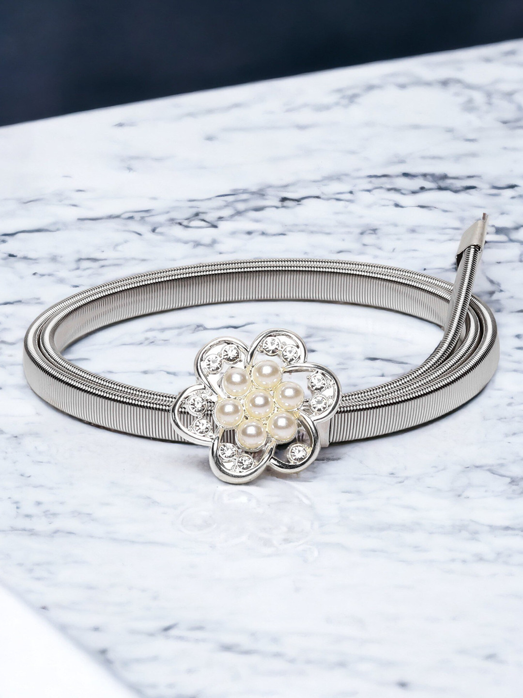 

DressBerry Women Silver-Plated Textured Beaded Belt