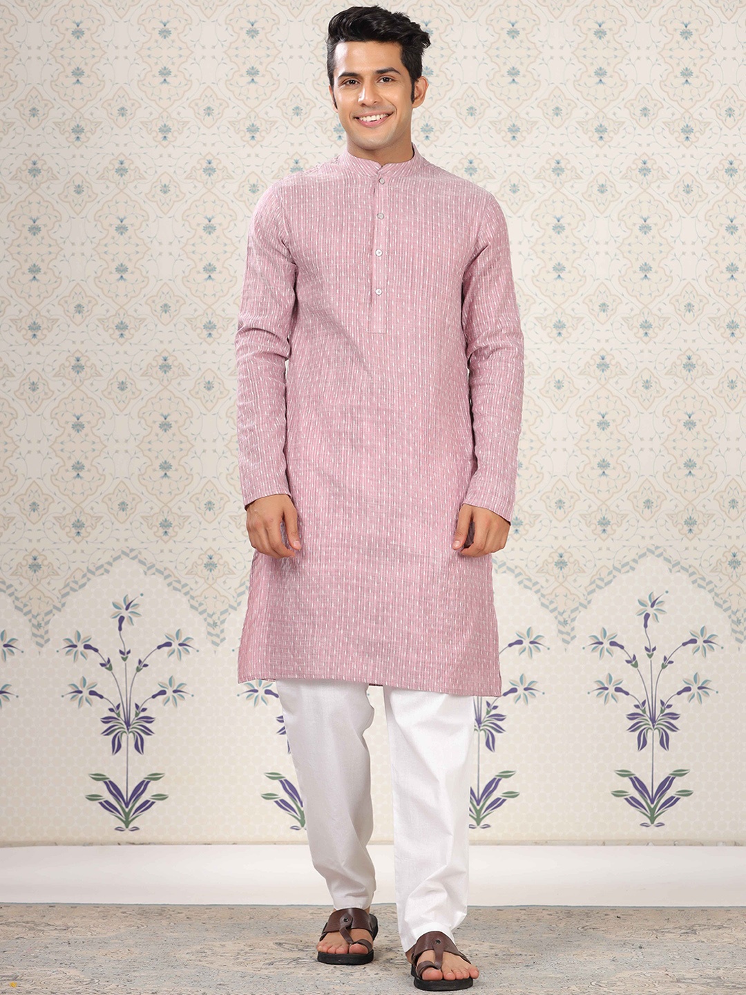 

Ode by House of Pataudi Striped Mandarin Collar Pure Cotton Kurta, Pink