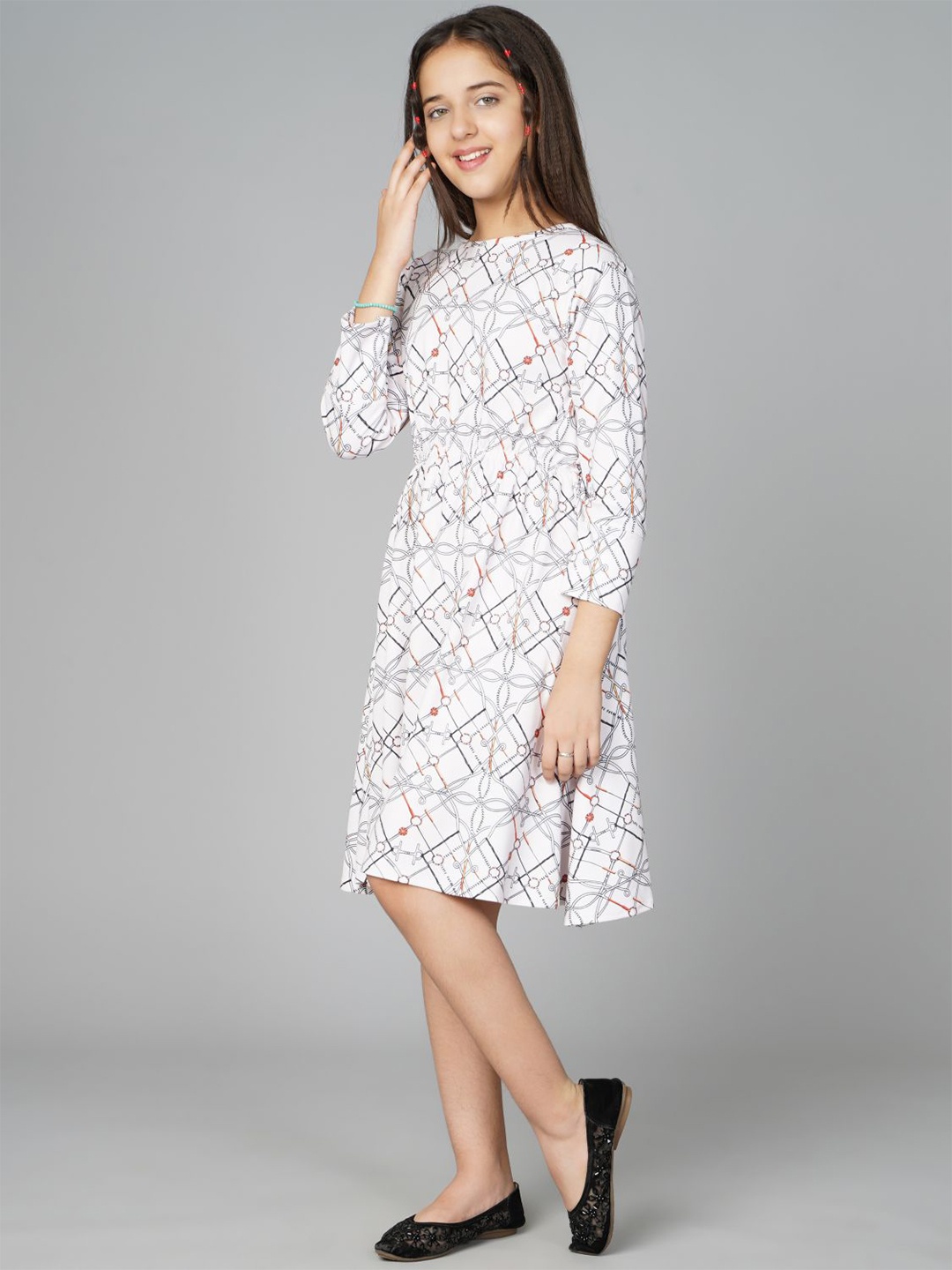 

BAESD Girls Geometric Printed Gathered Fit & Flare Dress, White