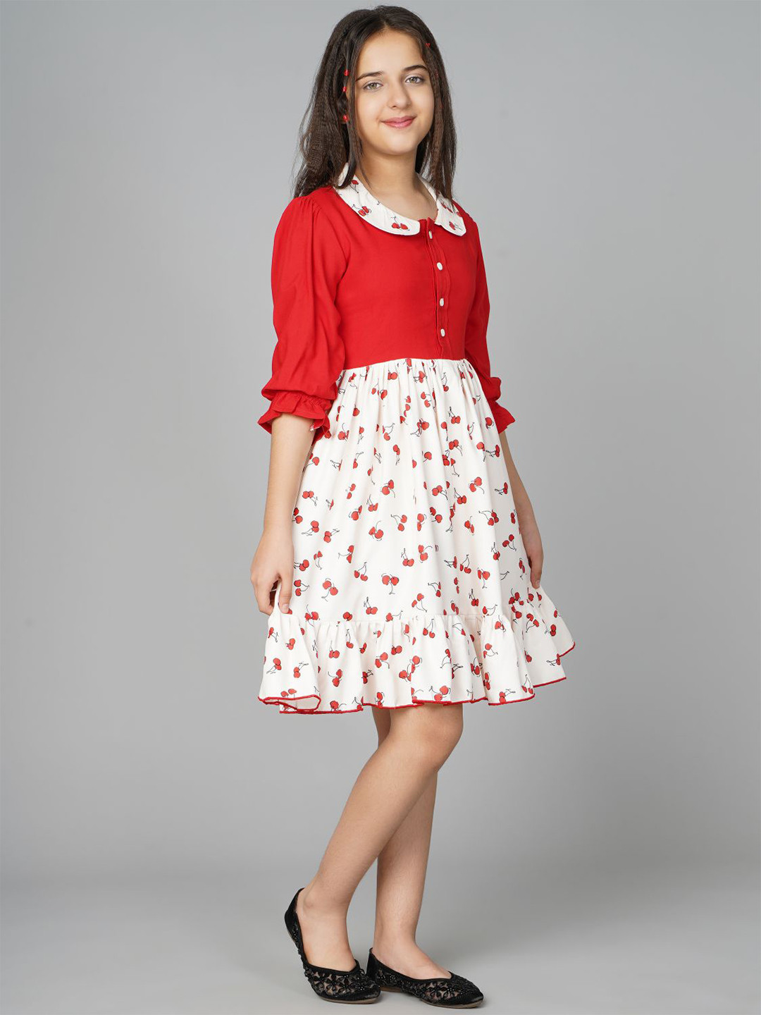 

BAESD Girls Conversational Printed Peter Pan Collar Fit & Flare Dress, Red