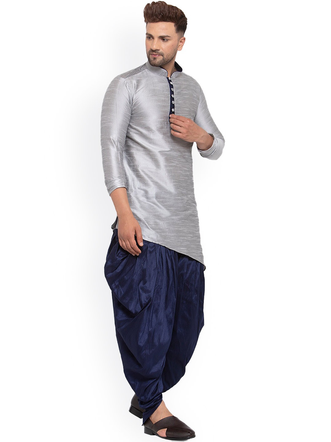 

Sydney Heights Mandarin Collar Long Sleeves Art Silk Asymmetric Kurta & Dhoti Pants, Silver
