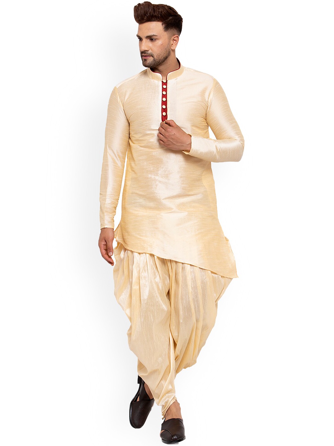 

Sydney Heights Mandarin Collar Long Sleeves Art Silk Asymmetric Kurta & Salwar Pants, Beige