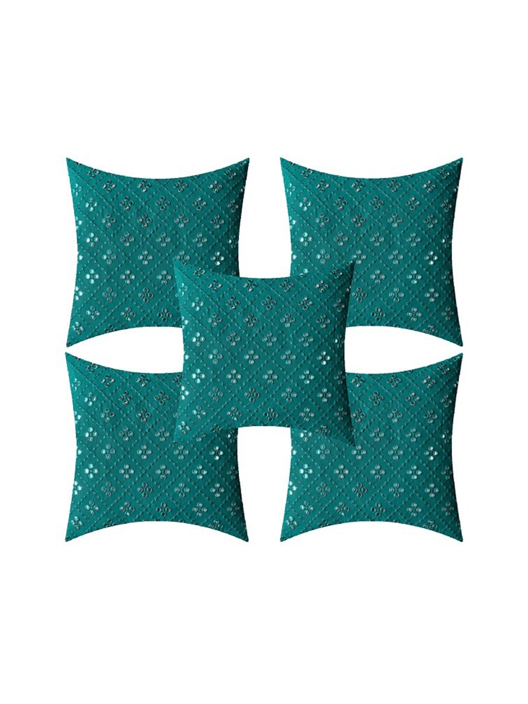 

Creeva Turquoise Blue & White 5 Pieces Embroidered Square Silk Cushion Covers