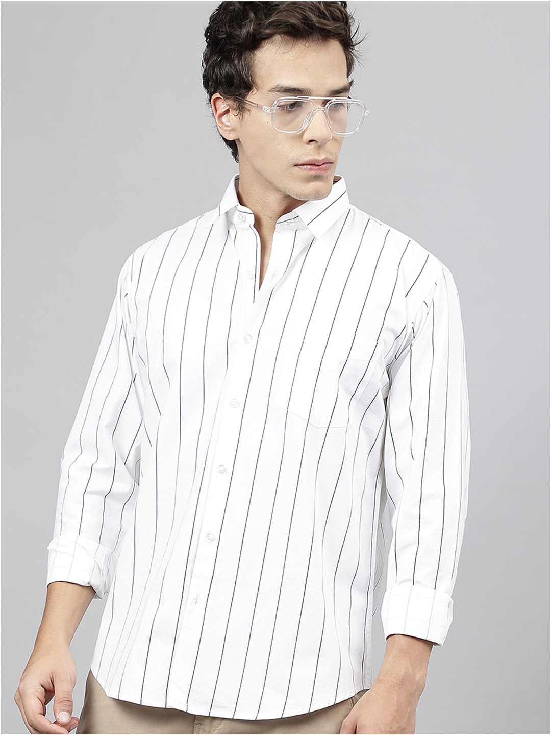 

Hancock Standard Slim Fit Striped Spread Collar Pure Cotton Casual Shirt, White