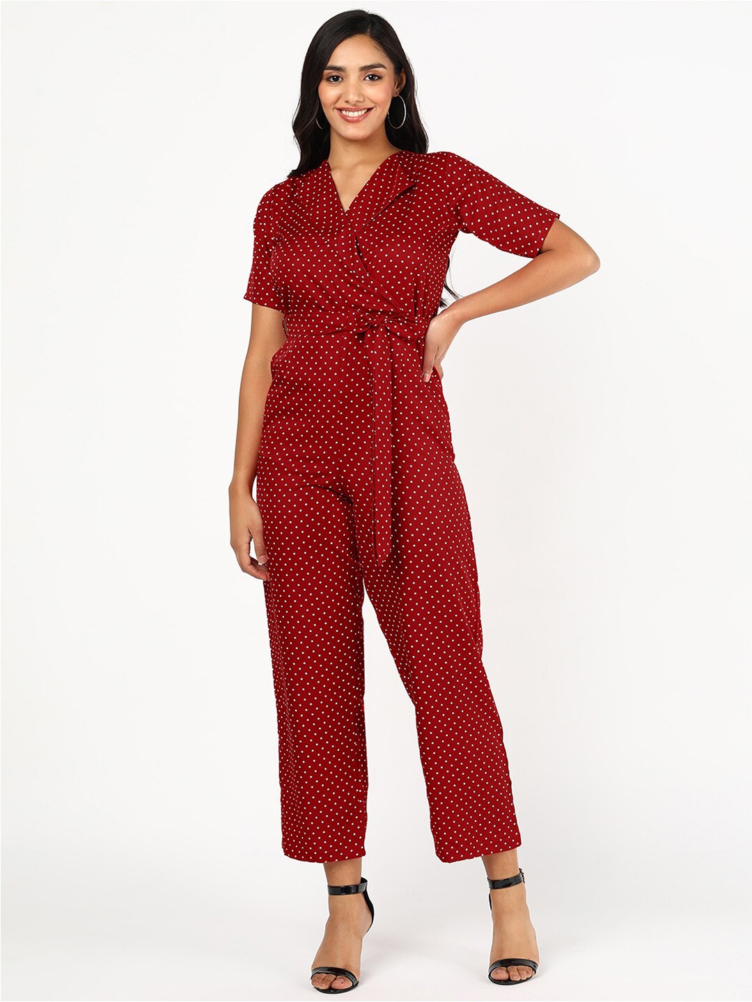 

VAHSON Polka Dot Printed Crepe Basic Jumpsuit, Red