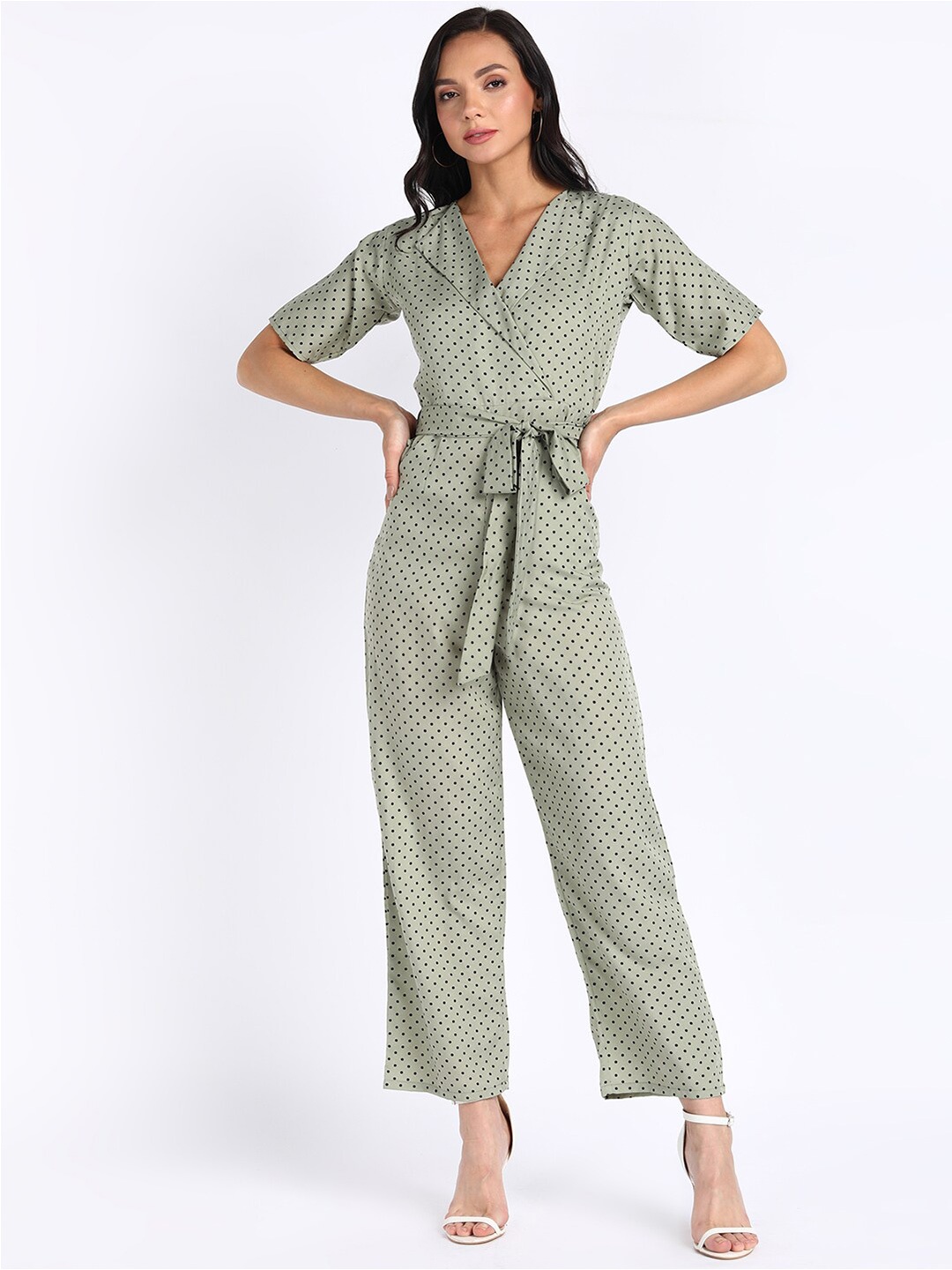 

VAHSON Polka Dot Printed Crepe Basic Jumpsuit, Green