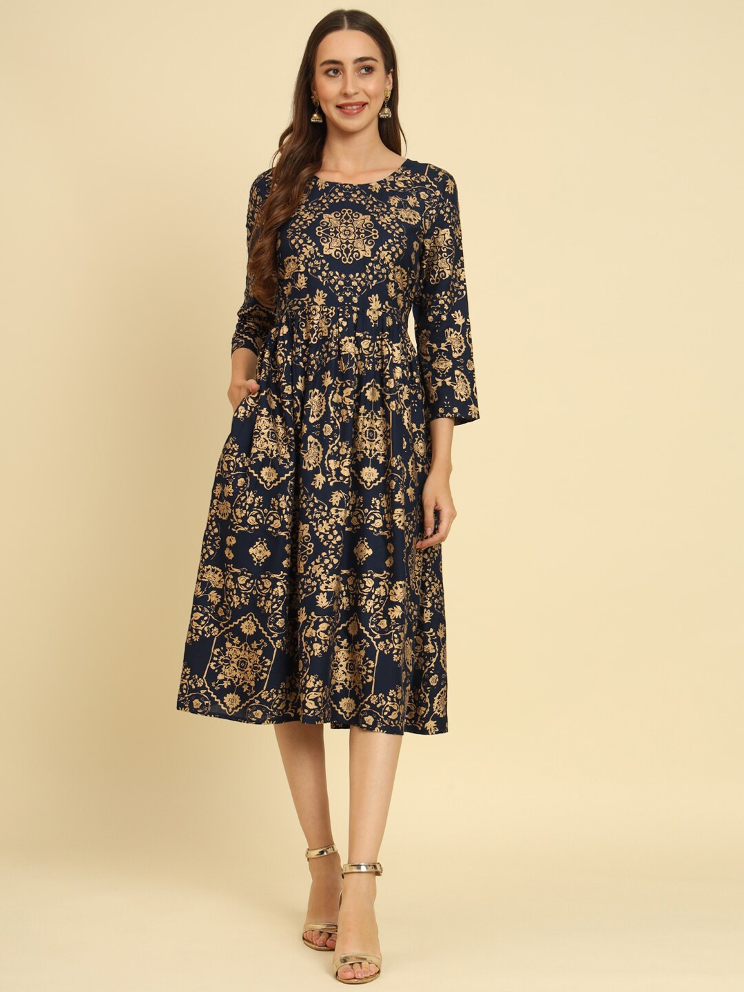 

Sutidora Ethnic Motifs Printed Fit & Flare Ethnic Dress, Navy blue