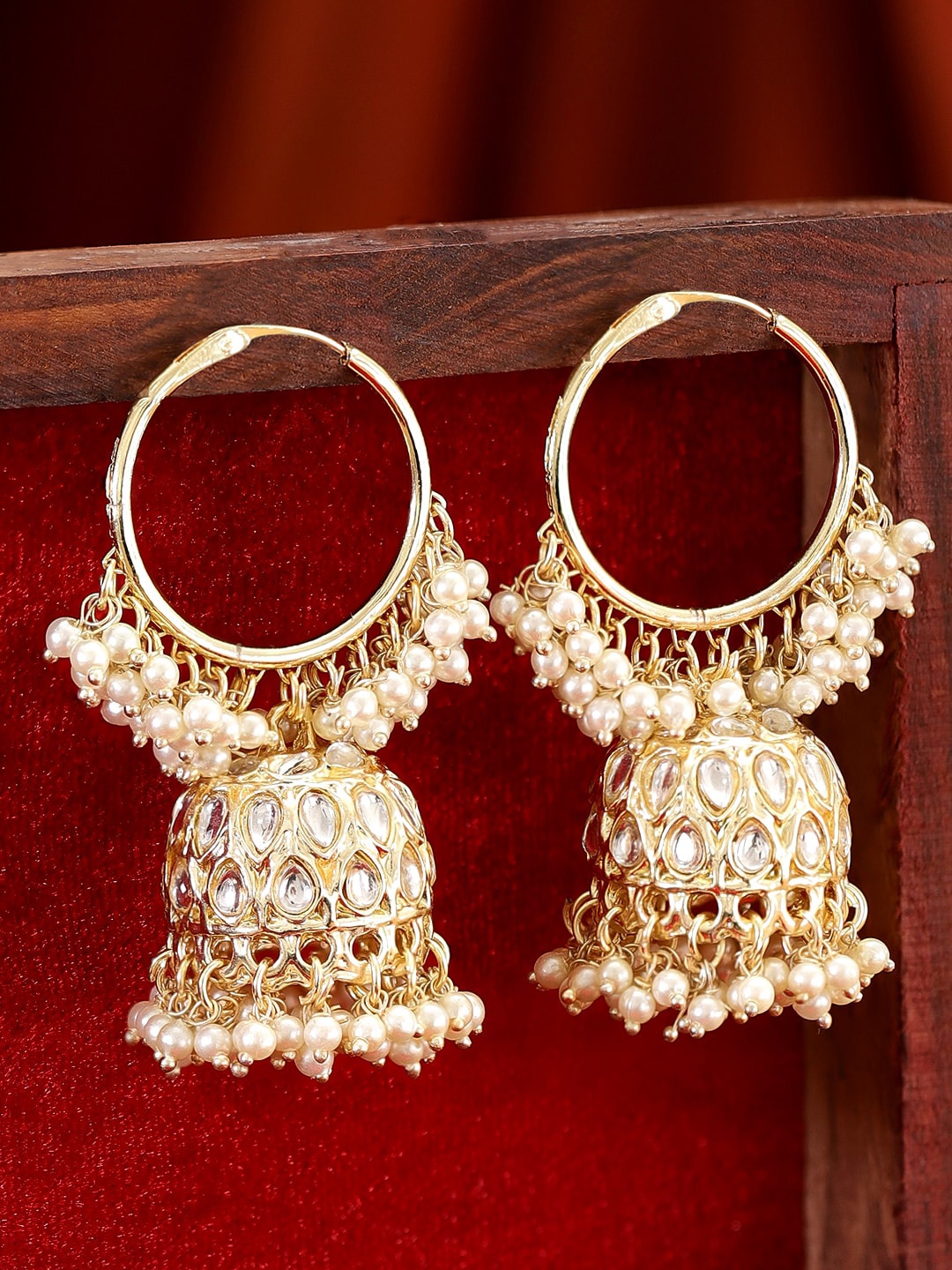 

Rubans Gold-Plated Kundan Studded Pearl Beaded Jhumka Earrings