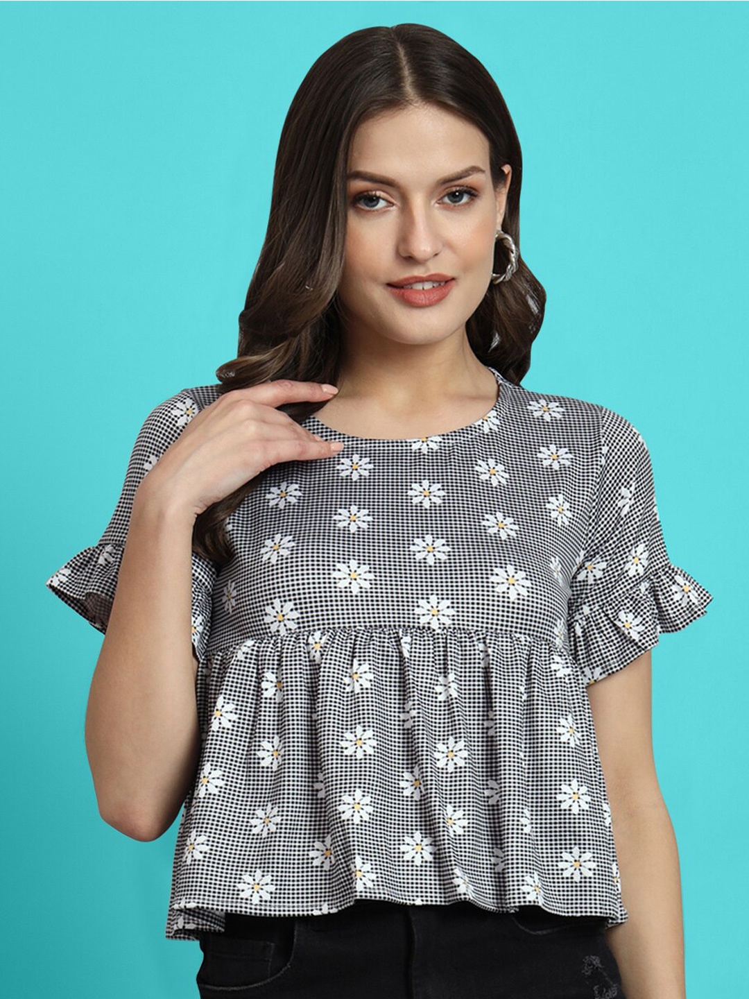 

Dream Beauty Fashion Floral Printed Gathered Detailed A-Line Top, Black