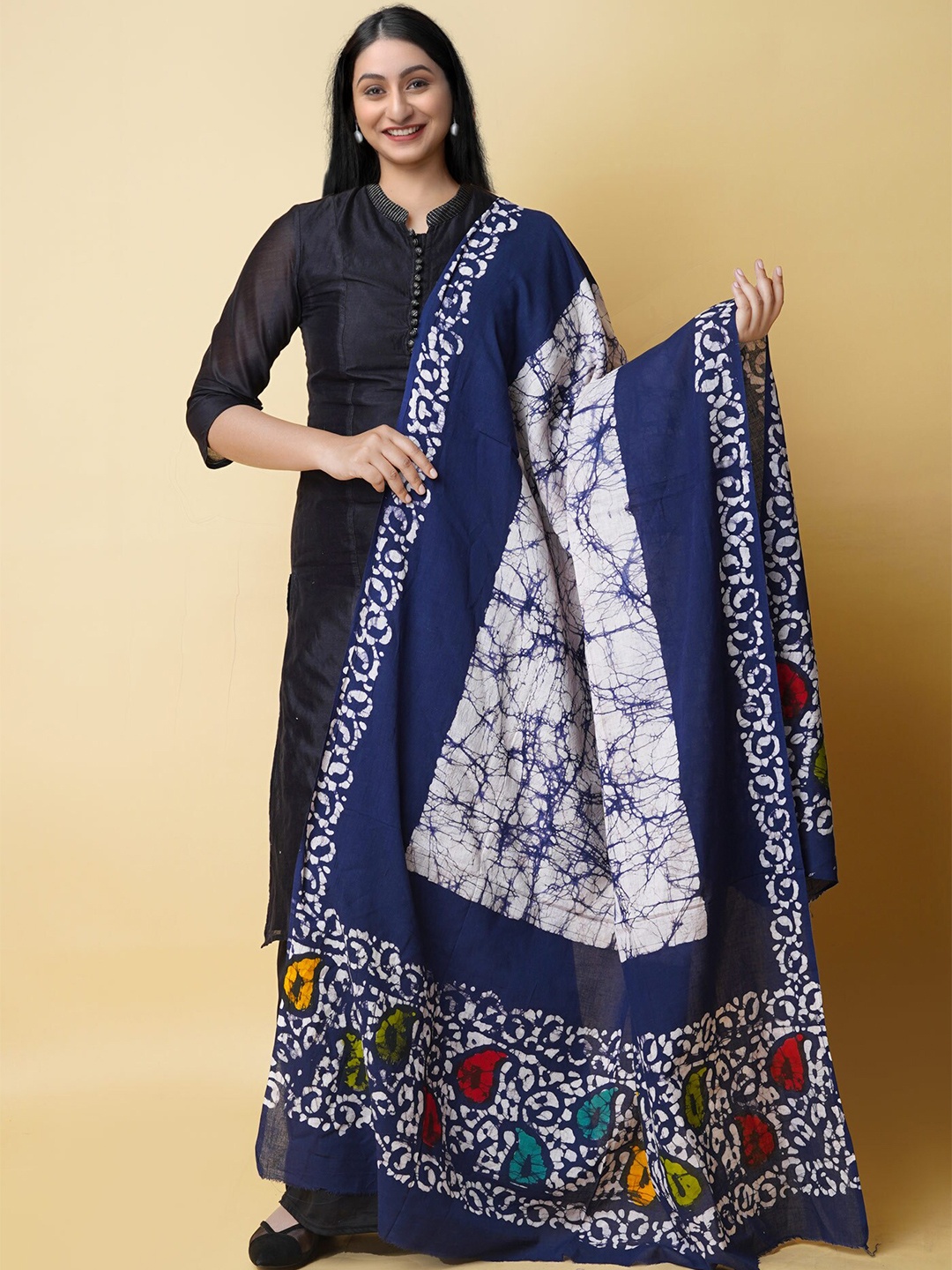 

Unnati Silks Ethnic Motifs Printed Pure Cotton Batik Dupatta, Navy blue