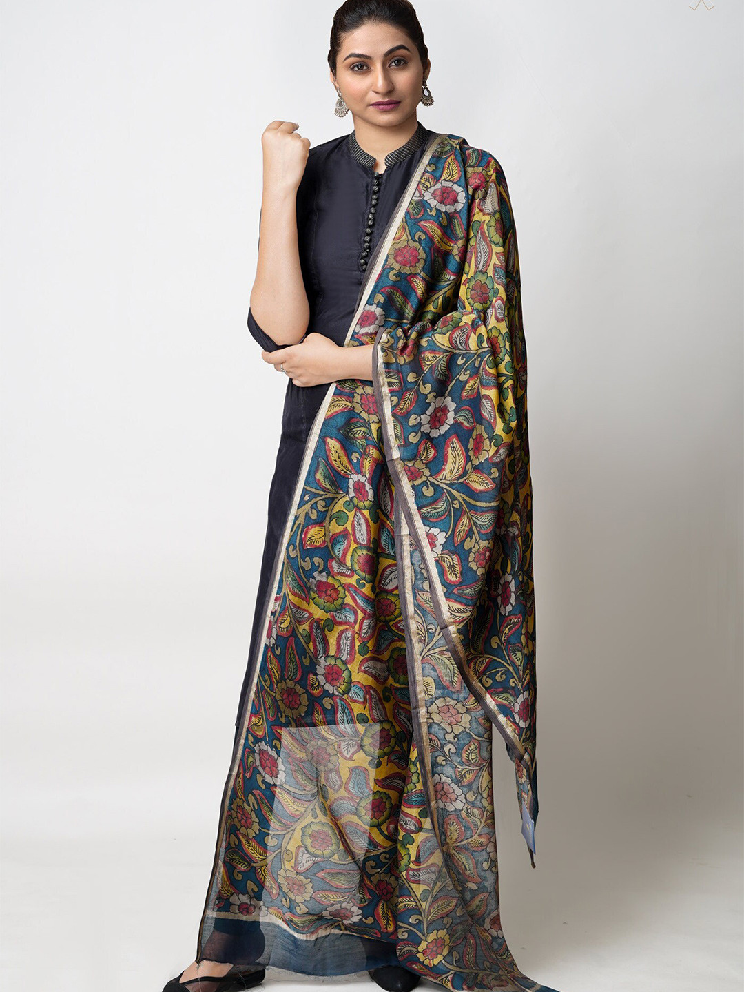 

Unnati Silks Ethnic Motifs Printed Cotton Silk Kalamkari Dupatta With Zari, Yellow