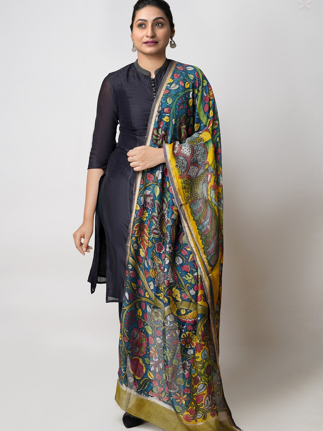 

Unnati Silks Ethnic Motifs Printed Cotton Silk Zari Kalamkari Dupatta, Blue