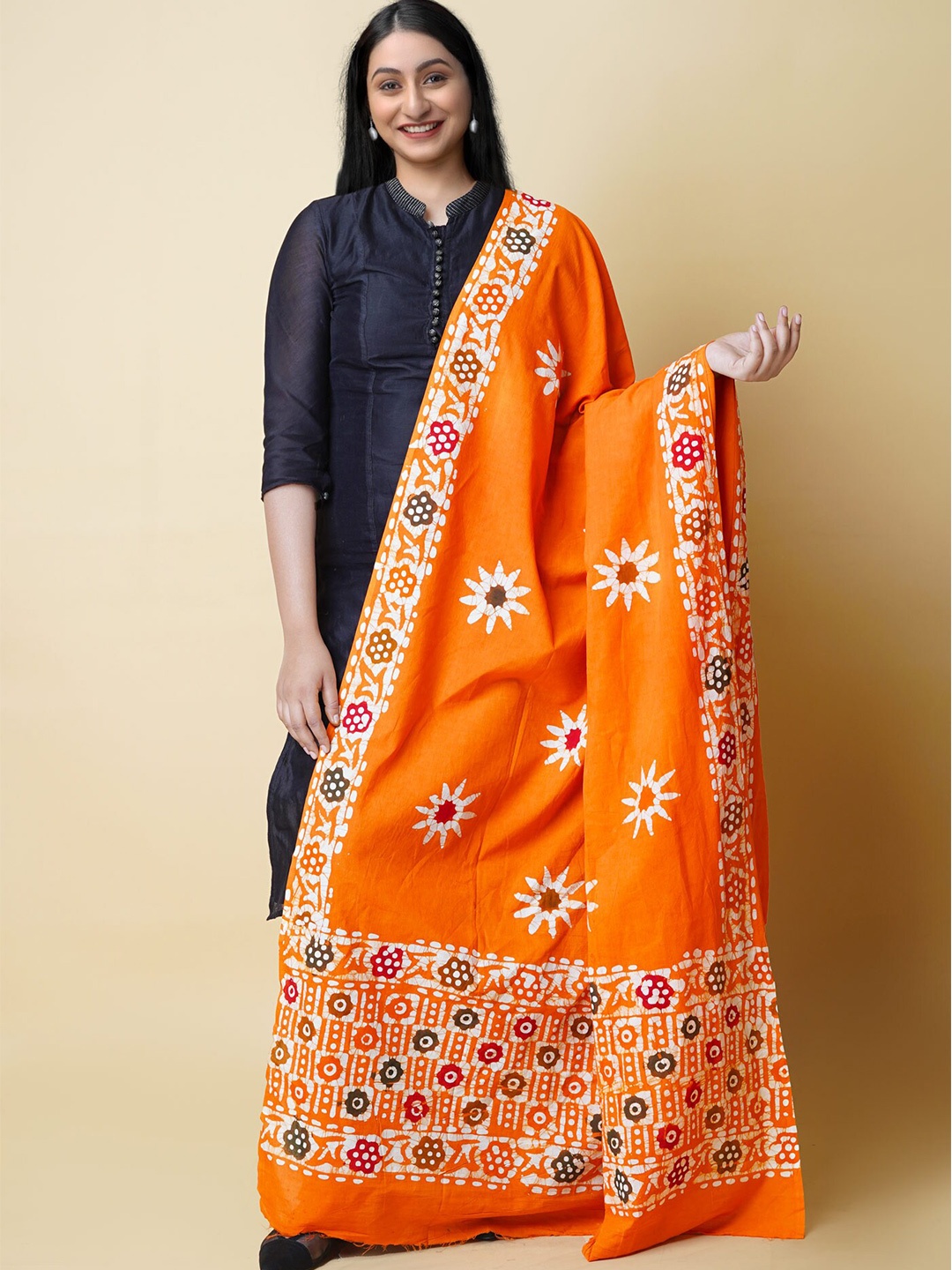 

Unnati Silks Ethnic Motifs Printed Pure Cotton Batik Dupatta, Orange