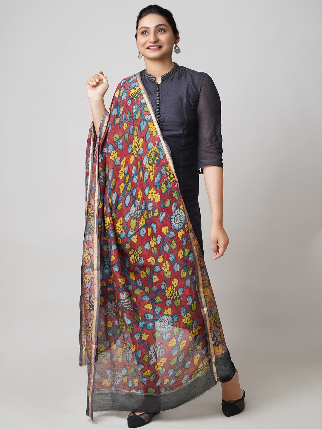 

Unnati Silks Ethnic Motifs Printed Zari Cotton Silk Kalamkari Dupatta, Red