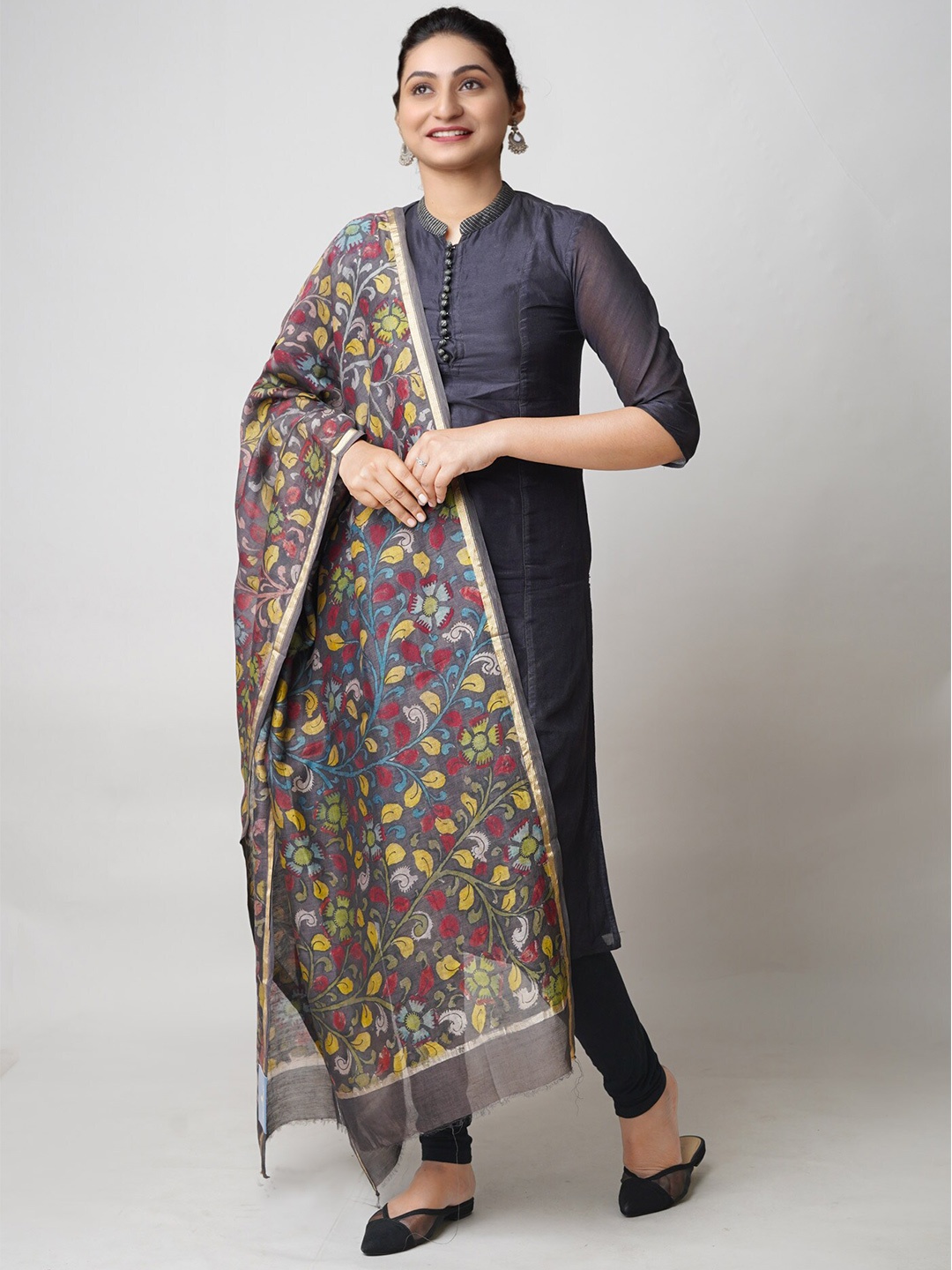 

Unnati Silks Floral Printed Cotton Silk Kalamkari Dupatta With Zari, Brown