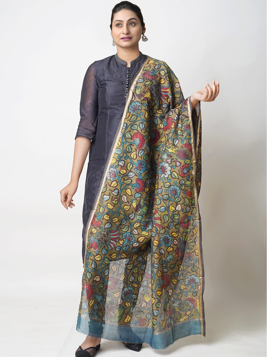 

Unnati Silks Ethnic Motifs Printed Cotton Silk Kalamkari Dupatta, Green