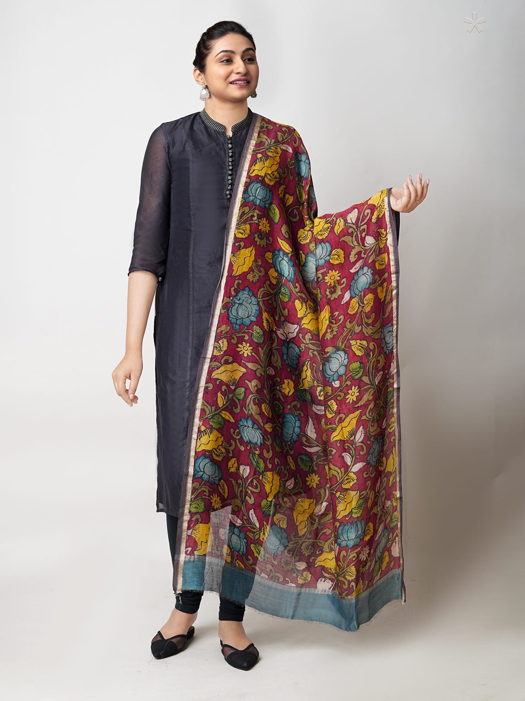 

Unnati Silks Ethnic Motifs Printed Zari Cotton Silk Kalamkari Dupatta, Red