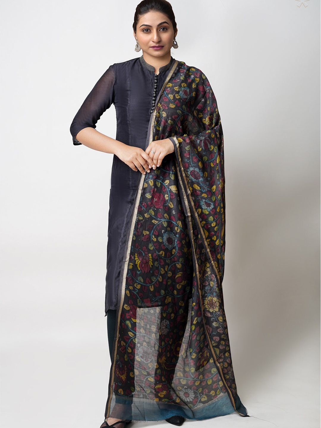 

Unnati Silks Ethnic Motifs Printed Cotton Silk Zari Kalamkari Dupatta, Brown